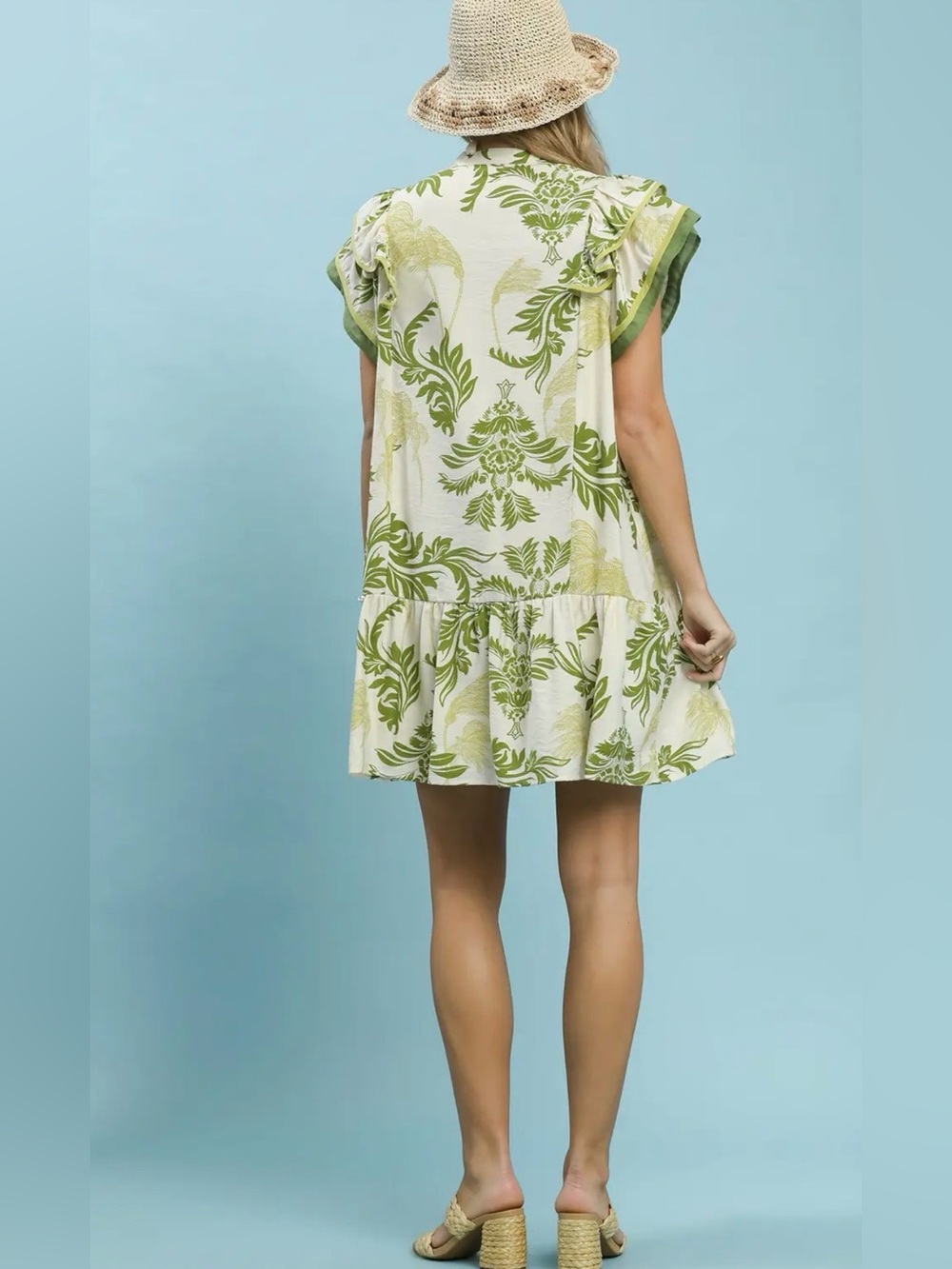 Sage Toile Print Button-Front Placket Mini Dress with Dropped Ruffle Hem - Picture 5 of 5